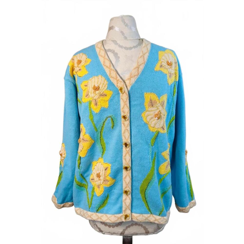 VTG 90's Storybook Knits Blue w Yellow Knit Floral Cardigan- 1X